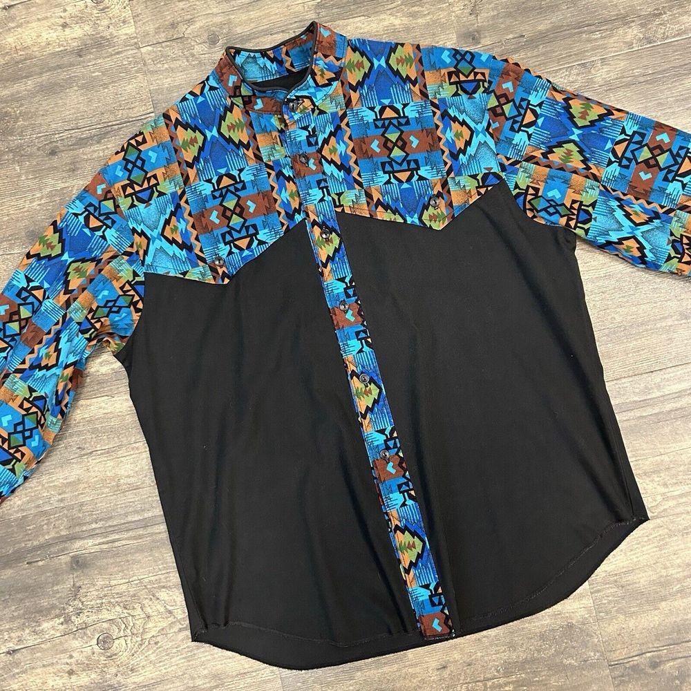 Western Aztec Accents Black Button Front‎ Shirt No Collar NO SIZE TAG (127)